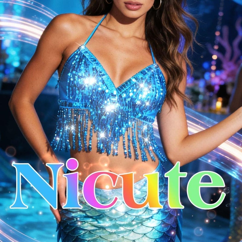 Nicute Silver Sequin Top Fringe Bra Top Sparkly Belly Dance Tops for Women - Image 2